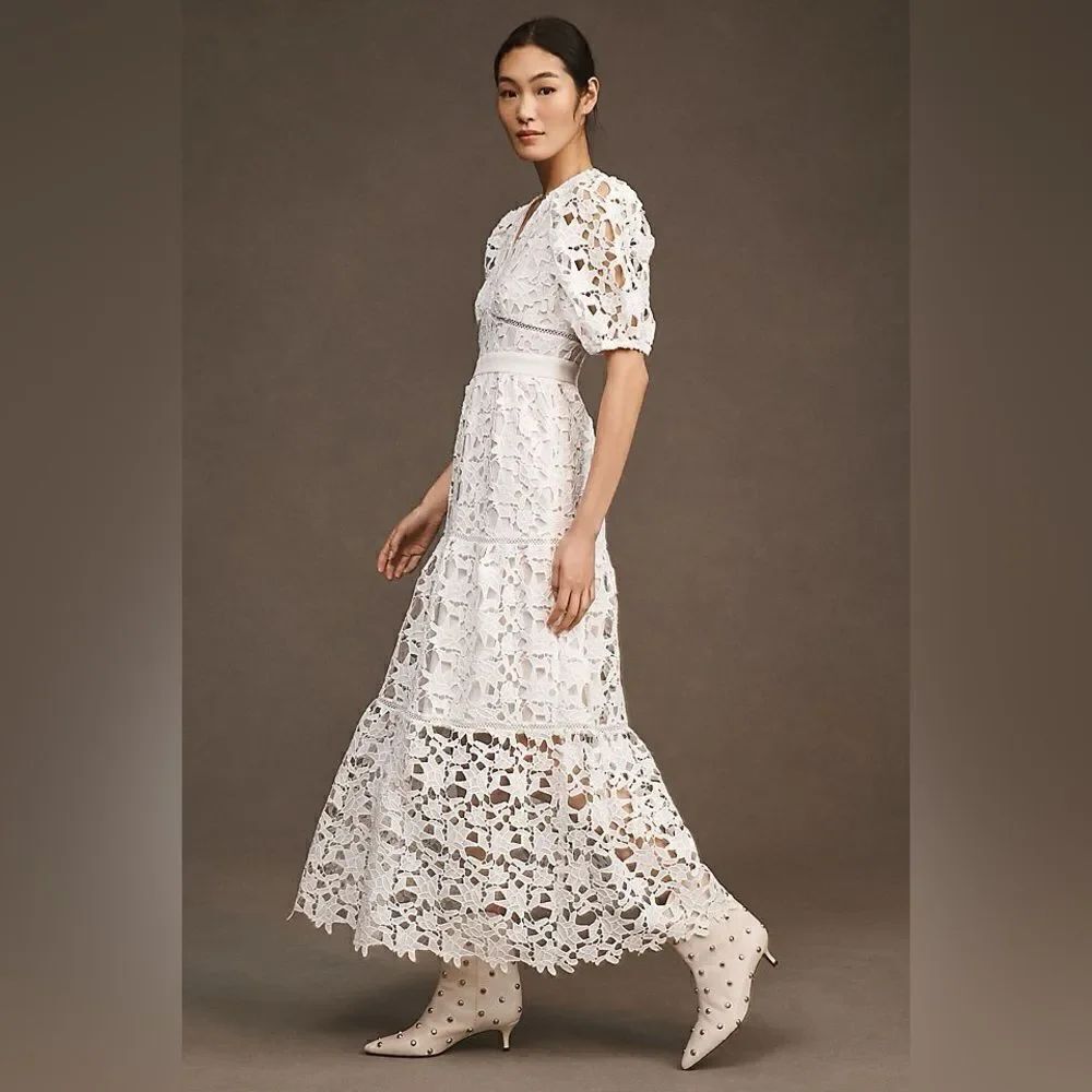Anthropologie Endless Rose V-Neck Puff-Sleeve Lace Tiered Maxi Dress/ size XS